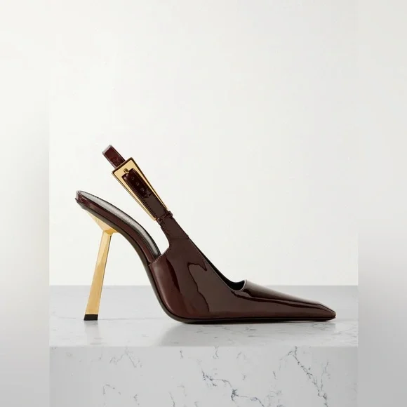 SAINT LAURENT Lee embellished patent-leather slingback pumps Color: Burgundy - Picture 5 of 13